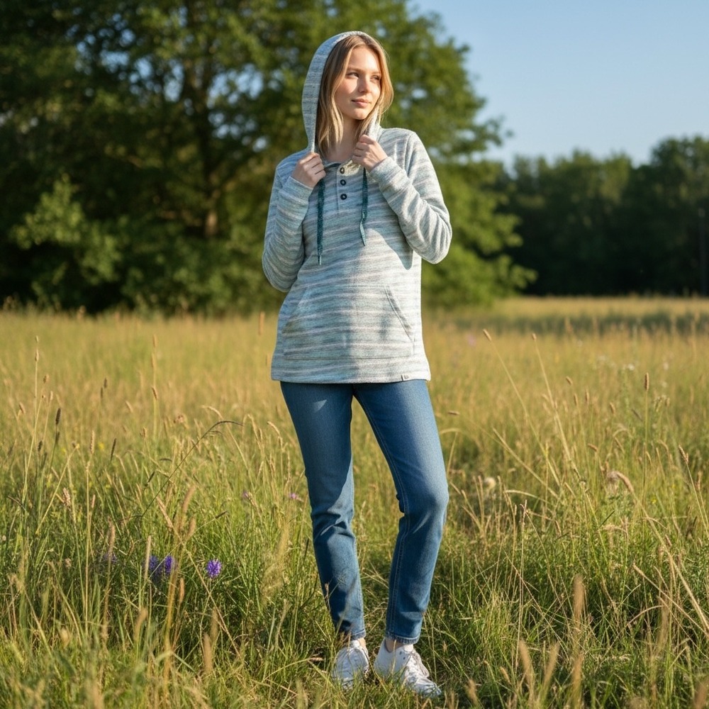 Free Planet Womens Striped Henley Hoodie Blue Teal‎ Grey FH9P04TGY Medium